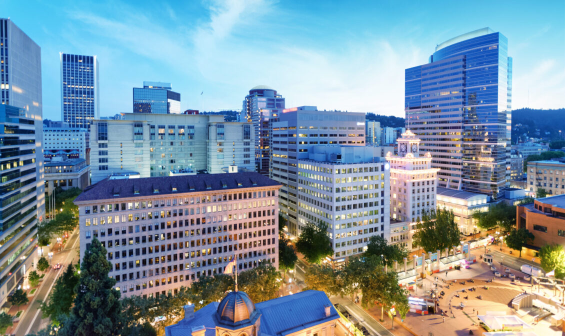 Aerial photo of downtown Portland above Pioneer Square